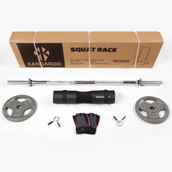 Picture of KANGAROO package Rack Squat Kangroo straight bar with a length of 120 cm 4 Regular Bar Weight Plate 2.5KG, two Weight Plates 5kg 2 Clips Dumbbell , a sponge bar, and a kangaroo glove